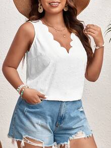 SHEIN VCAY Plus Swiss Dot Scallop Trim Blouse - White - View 4