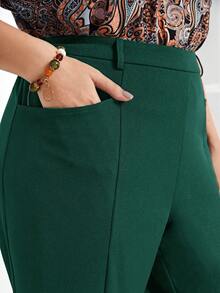 EMERY ROSE 大码女式纯色口袋锥形休闲/工作七分裤 - 墨綠色 - 查看 3