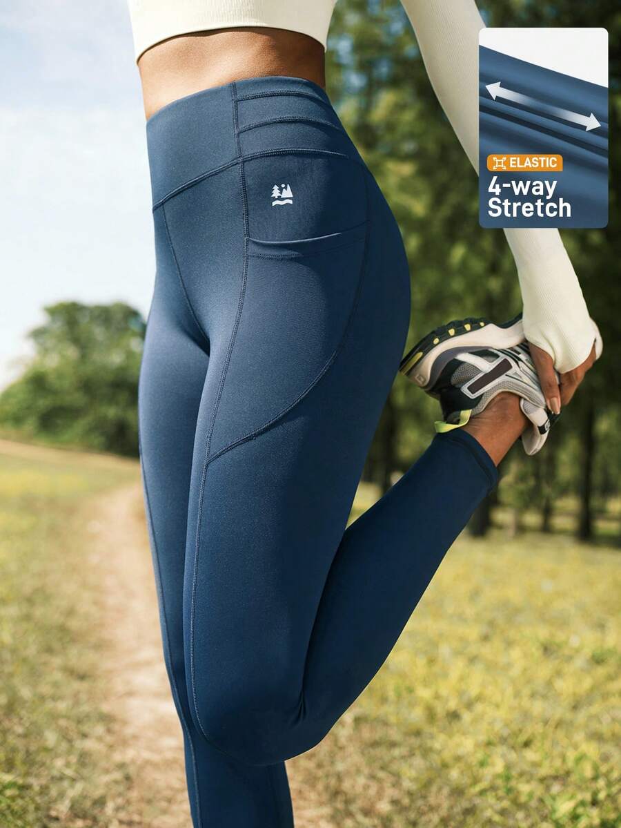 SHEIN In My Nature 女士纯色高腰修身弹力户外打底裤 - 藏蓝色 - 查看 1