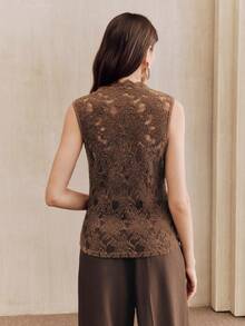 Anewsta Áo tank top nữ không tay cổ cao màu nâu, khoét ren. - màu nâu - Xem 3