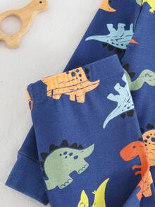 Cozy Pixies 男婴贴身睡衣套装，卡通恐龙印花柔软针织圆领长袖上衣和松紧腰长裤，2 件套 - 彩色 - 查看 6