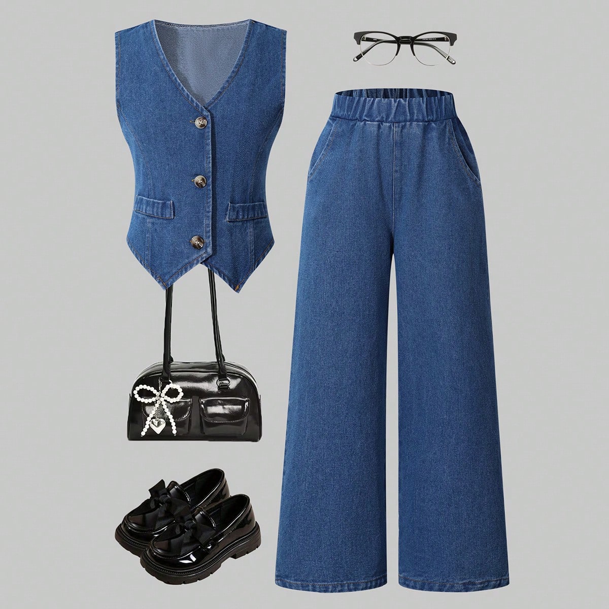 Conjunto de chaleco vaquero y pantalones casuales para niñas, top sin mangas de cuello en V básico combinado con jeans rectos sueltos, adecuado para