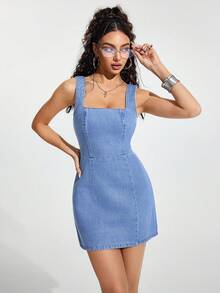Jeanoix 女士露背打结设计休闲日常牛仔连衣裙 - 藍色 - 查看 1