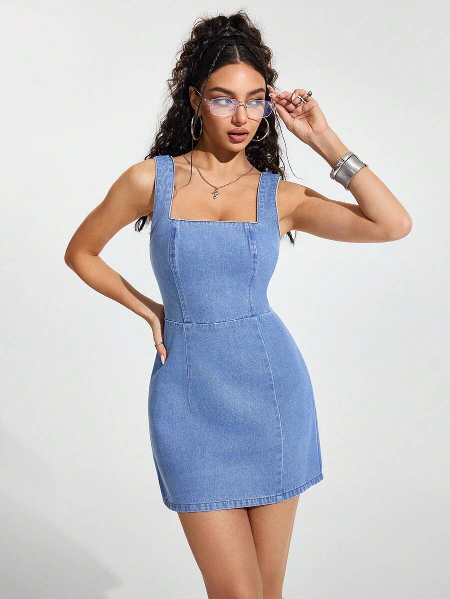 Jeanoix 女士露背打结设计休闲日常牛仔连衣裙 - 藍色 - 查看 1