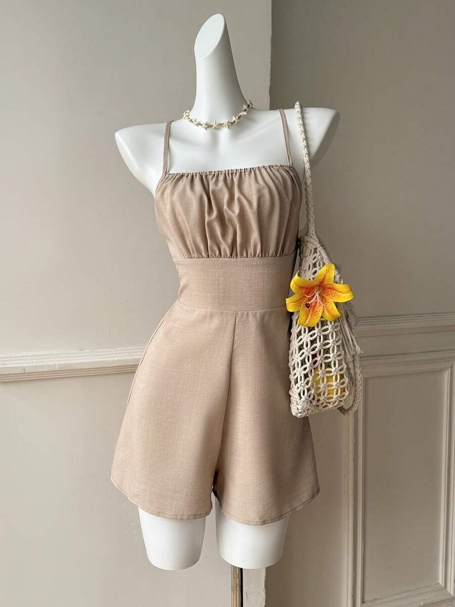 SHEIN EZwear 卡其色编织露背连体裤（女款） - 卡其色 - 查看 1