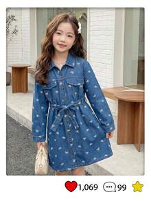 SHEIN Girls' Spring & Autumn Lapel Long Sleeve Fashionable Western-Style Washed Denim Dress, Suitable For Attending Friend Gatherings, Traveling, And Leisure Wear - Blue - View 1