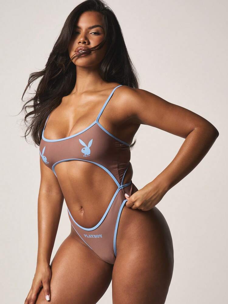 Missguided x Playboy Maillot de bain une pièce monokini avec découpe logo plage, bordure contrastée et bretelles spaghetti