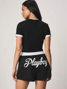 Missguided x Playboy Logo Graphic Crew Neck Short Sleeve Fitted Tee With White Contrast Trim Ringer Detail Women's T-Shirt - Black and White - View 2