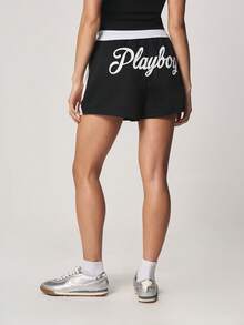 Missguided x Playboy Color Block Mid Thigh Drawstring Runner Shorts With Side Pockets And Logo Branding For Casual Summer Wear - Black and White - View 2