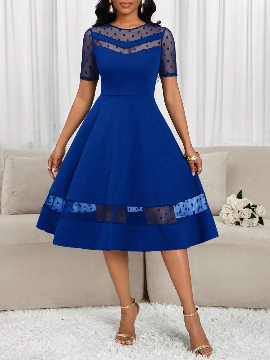 SHEIN Lady 女士网纱拼接短袖A字连衣裙 - 寶藍色 - 查看 1