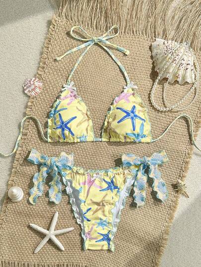 Swim Mod 2pcs/Set Women Bikini Set, Ribbed Starfish Decor Halter Neck Triangle Swimwear, Casual Beach Vacation