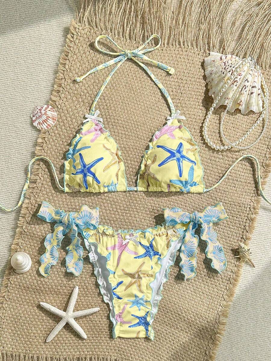 Swim Mod Bộ bikini 2 món dành cho nữ, kiểu dáng tam giác buộc dây cổ yếm, họa tiết sao biển, thích hợp cho kỳ nghỉ biển thường ngày. - Nhiều màu - Xem 1