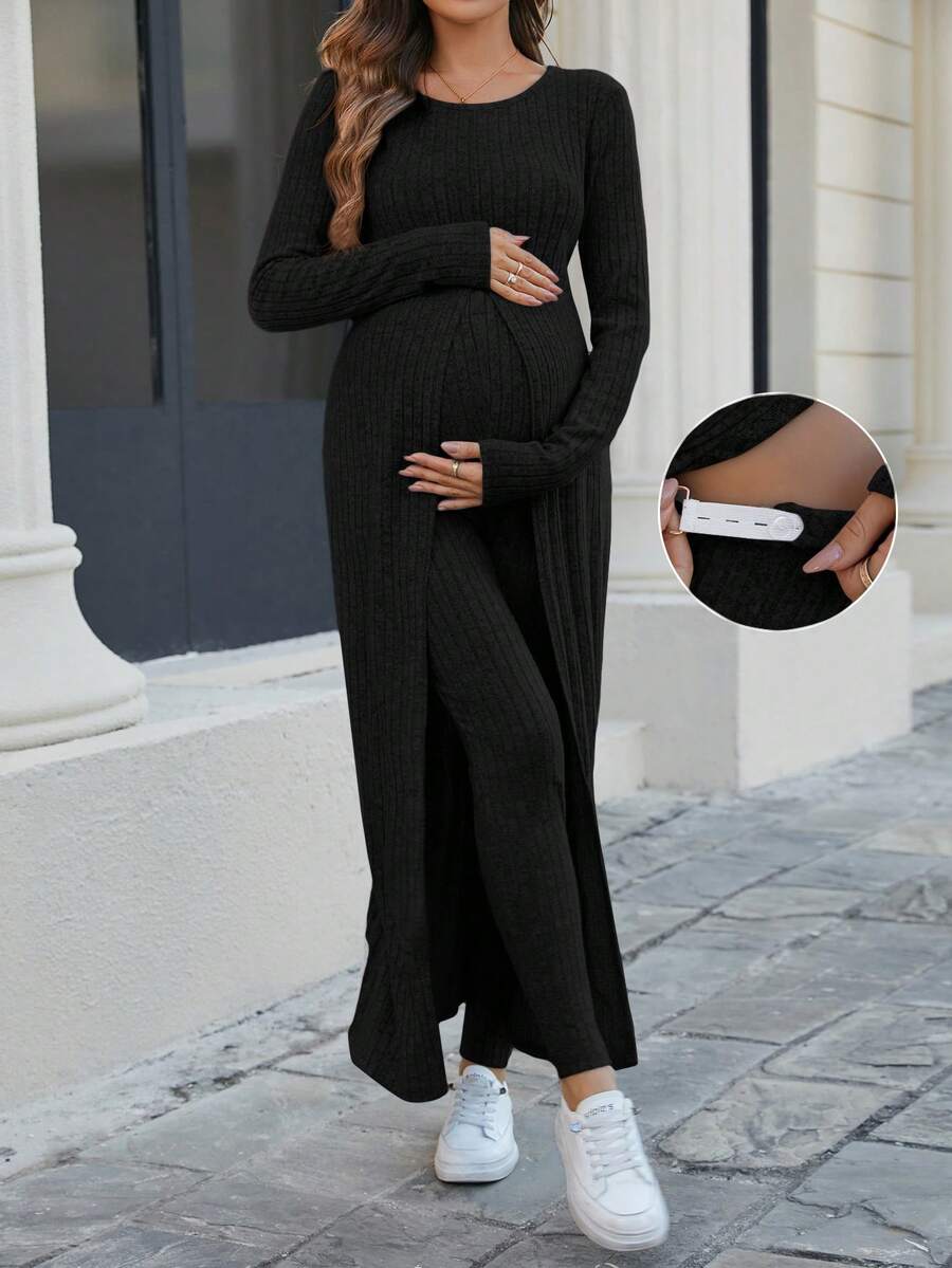 SHEIN Bộ đồ bầu 2 món: Áo dài tay cổ tròn xẻ tà màu trơn và quần dài bo gân. - màu đen - Xem 1