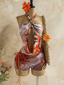 Soleia Trang phục dự tiệc cưới phong cách miền Tây, thường ngày, thoải mái, phù hợp cho kỳ nghỉ, lễ tốt nghiệp, tiệc brunch, ngày lễ Thánh Patrick, kỳ nghỉ xuân, lễ Phục sinh, lễ hội âm nhạc, thanh lịch, phong cách Bohemian, nhiệt đới, gợi cảm, cổ áo xếp nếp sâu, trang trí kim loại, lưới in họa tiết, áo liền quần cổ yếm khoét lỗ. - Nhiều màu - Xem 3