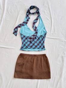 Soleia Bộ đồ gồm áo cổ khăn dệt kim kẻ caro mới và chân váy xẻ tà cạp thấp, phong cách Bohemian, Boho, lãng mạn với họa tiết hoa, thích hợp cho kỳ nghỉ, hẹn hò, ngày Valentine, lễ Phục sinh, lễ hội, tiệc trà chiều, đi biển, du thuyền, kỳ nghỉ thành phố. - Nhiều màu - Xem 2