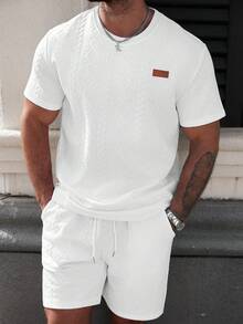 Manfinity CasualCool Men's Letter Print Crew Neck Short Sleeve Casual T-Shirt And Drawstring Waist Shorts Set - White - View 5