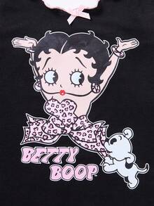 Betty Boop x SHEIN Women's Summer Figure Graphic Cami Top And Leopard Print Shorts Pajama Set - Black and Pink - View 12
