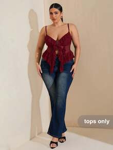 SHEIN BAE Áo hai dây lưới xếp ly cỡ lớn dành cho nữ, thích hợp cho lễ Phục sinh, lễ tốt nghiệp, đi club, mùa xuân, mùa hè, đêm lễ hội, sinh nhật, đám cưới, kỳ nghỉ, buổi hòa nhạc. - Màu Đỏ Sâu - Xem 5