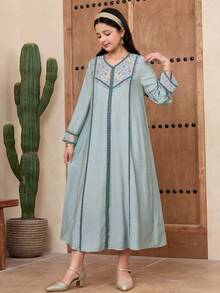 SHEIN 少女休闲V领长袖连衣裙 - 綠色 - 查看 6