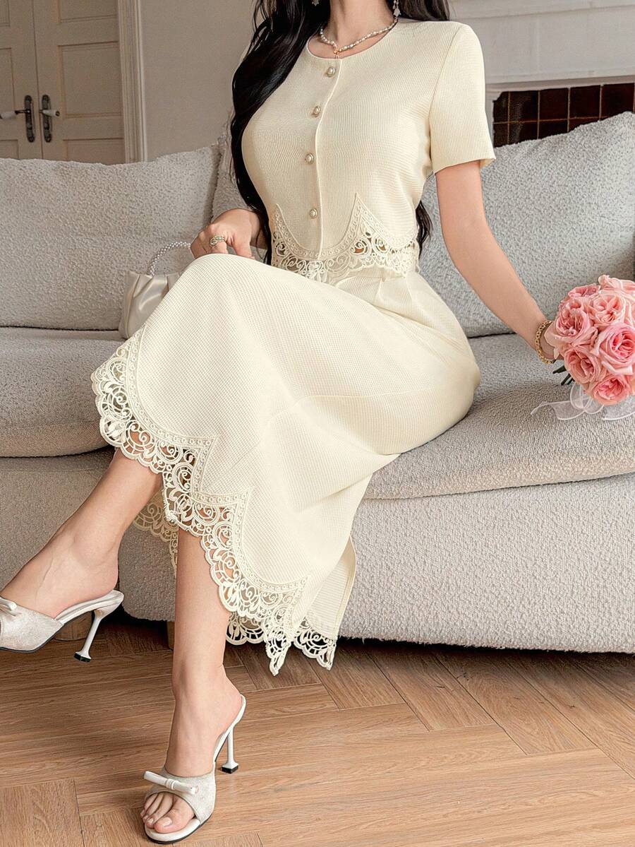 DAZY 女士优雅蕾丝拼接圆领上衣和半裙两件套，春夏款 - 白色 - 查看 1