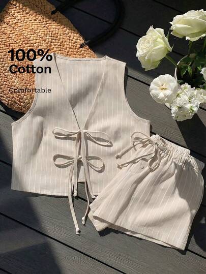 SHEIN LMoss Kids 2 st/set för tweenflickor, avslappnat, minimalistiskt och bekvämt, rund halsringat, ärmlöst, knytband, rosett och shorts