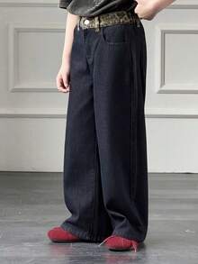 Dazy Kids Quần jeans ống rộng có túi, cài nút, kiểu dáng thường ngày, đa năng dành cho bé trai tuổi teen. - Rửa tối - Xem 2