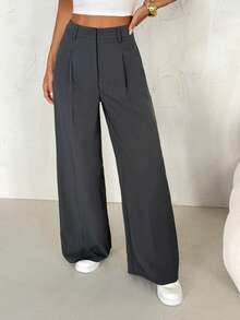 SHEIN PETITE Women's High Waist Pleated Wide Leg Loose Casual Pants, Spring - Grey - View 3