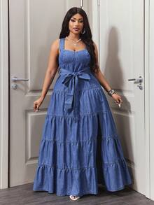 Slaydiva Plus Size Summer Casual Slit Maxi Denim Dress - Blue - View 7