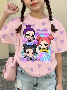 1pc Cute & Cool Kpop Girl Graphic Colorblock Short Sleeve Top, Loose Fit, Suitable For Spring, Summer, Autumn, Winter, Great Gift For Young Girls - Pink - View 3