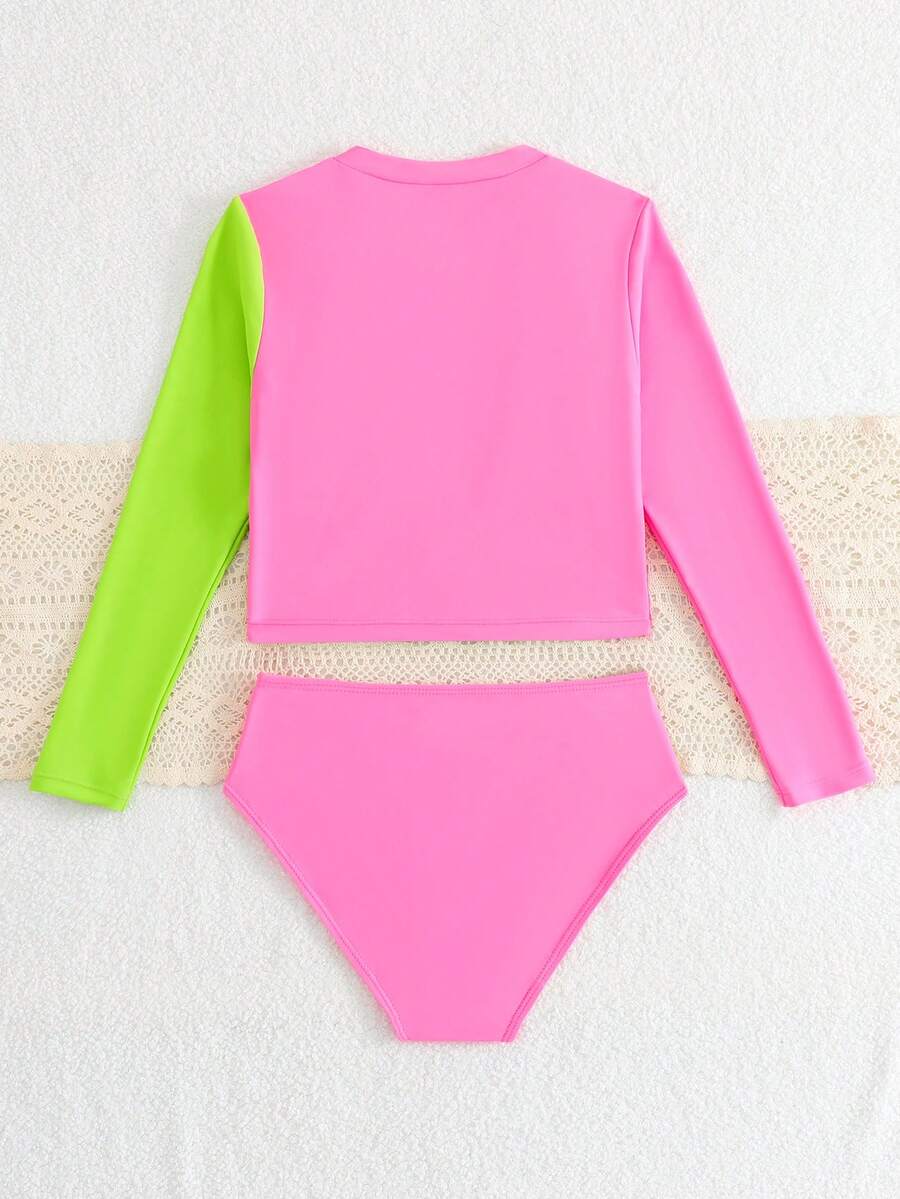 SHEIN Tween Girl Contrast Color Long Sleeve Tankini Swimwear Set Specially Designed For Tween Girls, Perfect For Summer Beach Vacations, Pool Parties, Summer Holidays, And Casual Leisure Activities.Crafted From Soft Knitted Fabric, It Features A Charming Pink-Green Color-Block Pattern, Long Sleeves For Excellent Sun Protection, And A Split Design With A Separate Triangle Bottom - Baby Pink - View 1