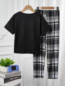 Boys Big Kids Loungewear Set - Four Season Black Short Sleeve Top Classic Gaming Console Placement Print And Black White Plaid All-Over Print Long Pants - Perfect Boys Home Pajama Set - Multicolor - View 2