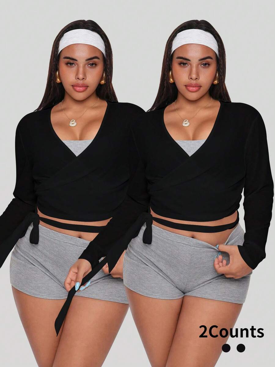 Velisys Bộ đồ hai mảnh nữ tay dài cổ chữ V có thể điều chỉnh, chất liệu vải mỏng nhẹ, thích hợp cho thể thao, thường ngày, yoga, và cả size lớn. - màu đen - Xem 1
