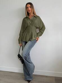 Aloruh Women's Apricot Casual Business Loose Waist Pleated Collar Long Sleeve Shirt, Autumn/Winter Army Green Top Green Blouses - Army Green - View 6