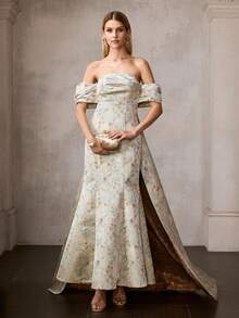 MOTF PREMIUM WOMEN'S JACQUARD OFF-SHOULDER MERMAID HEM LONG DRESS - Multicolor - View 2