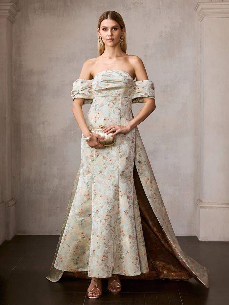 MOTF Soiréza WOMEN'S JACQUARD OFF-SHOULDER MERMAID HEM LONG DRESS