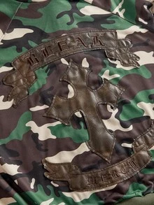 ROMWE Grunge Punk Y2K Punk Hot Girl Camouflage All-Over Print PU Cross Embroidered Loose Open Front Sweatshirt For Women