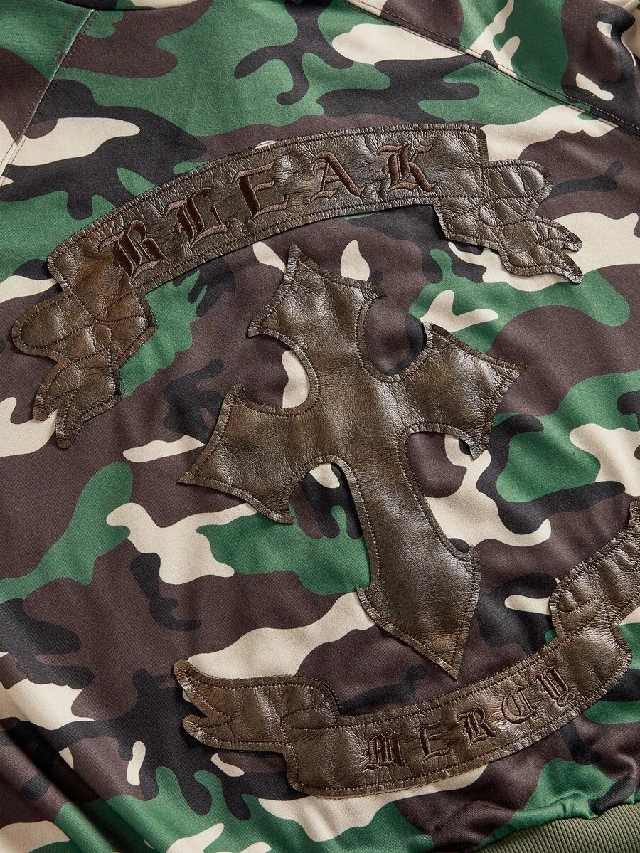 ROMWE Grunge Punk Y2K朋克辣妹迷彩印花PU十字刺绣宽松开襟女式卫衣 - 軍綠色 - 查看 1