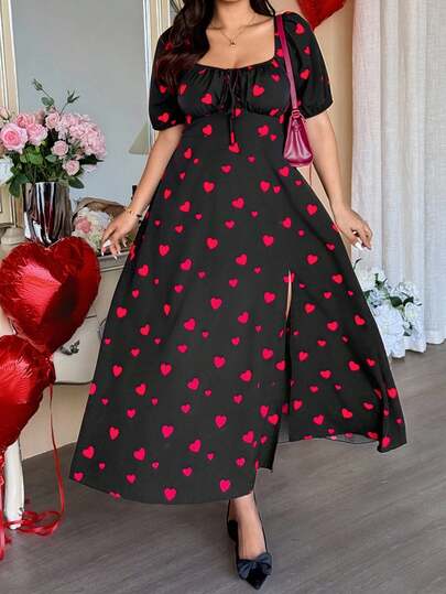 Vionelle Plus Size Valentine's Day Red Heart Pattern Square Neck Tie Sleeve Ruched A-Line Side Slit Women Dress Valentine's Day Red Heart Dress Cherry Dress Plus Size Plus Size Heart Print Dress Women Heart Print Dress Strawberry Dress Women
