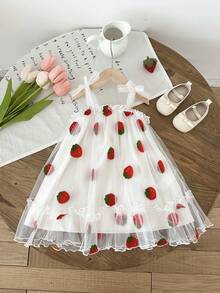 Playful Pals Toddler Baby Girl Elegant Embroidered Strawberry Mesh Strap Dress, Cute Fluffy For Baby Party, Gathering, Daily Wear - White - View 1