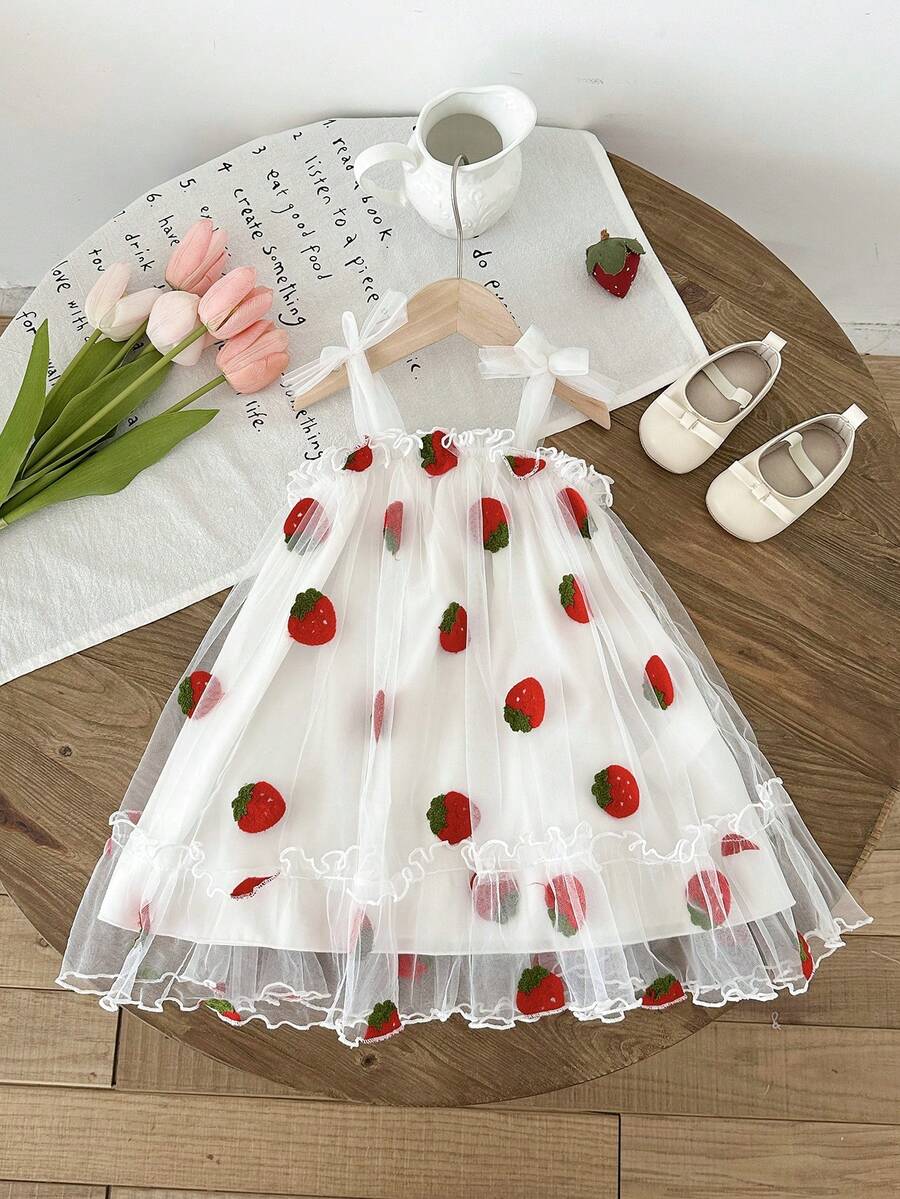Playful Pals Toddler Baby Girl Elegant Embroidered Strawberry Mesh Strap Dress, Cute Fluffy For Baby Party, Gathering, Daily Wear - White - View 1