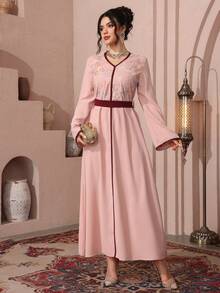 Al Najma Embroidered Beaded Detailed Long Sleeve Turkish & Arabic Traditional Maxi Dress For Women - Pink - View 5