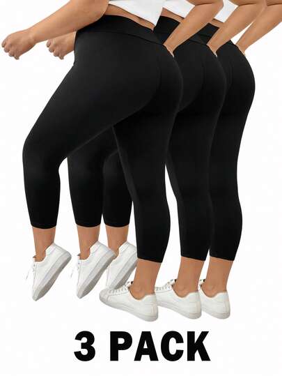 Shapeblank Plus Size Women's Spring/Summer Fashionable Casual High-Elasticity Comfortable Everyday Basic Versatile Black Leggings 3 Pack,Summer Outfits,Street Wear,Women Bottom,Base Pants