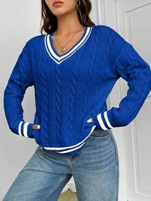 EURMUSE Casual Contrast Color Striped Drop Shoulder Sweater, Autumn/Winter - Royal Blue - View 4