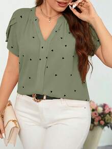 Reflora Plus Size Notch Neck Petal Sleeve Heart Print Minimalist Top Valentines - Mint Green - View 3
