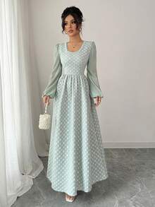 Modelyn 女士黑色提花拼接泡泡珠腰A字优雅连衣裙 - 灰綠 - 查看 6