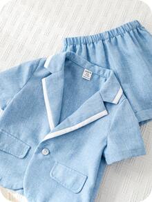 SHEIN 2pcs Baby Boy Preppy Gentleman Outfit, Contrast Color Short Sleeve Blazer And Elastic Waist Shorts Set, Suitable For Birthday Party, Rave, Evening Party, Performance, Wedding, Baby Shower, 1st Birthday Celebration Baby Boy Blue Suit Blazer For Baby Boy 18m Boy Dress Suit - Multicolor - View 6