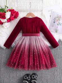 SHEIN Glamorique Kids 年轻女孩渐变网纱下摆圆领长袖优雅连衣裙 - 紅色 - 查看 2