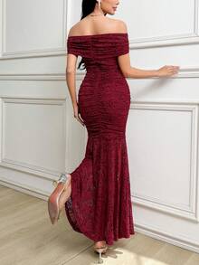 Modelyn Đầm ren trễ vai xếp ly ôm sát dáng đuôi cá thanh lịch dành cho nữ - Màu Đỏ Sâu - Xem 3