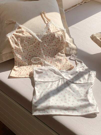 CovetEZ Women's Casual Ditsy Floral Contrast Lace Blouse, Summer