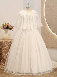 White Flared Mesh A-Line Long Dress For Tween Girls Elegant Round Neck Special Occasion Dress With Flounce Sleeves White Elegant Dress Ivory Tween Dress White Dress For Girls Ivory Dress For Girls White Modest Dress For Tweens - White - View 6